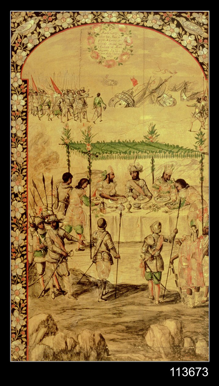 Podbój Meksyku: Hernando Cortes (1485-1547) nakazuje zniszczenie statków i spotyka się z ambasadorami Montezumy (1466-1520) w 1520 autorstwa Miguel and Juan Gonzalez
