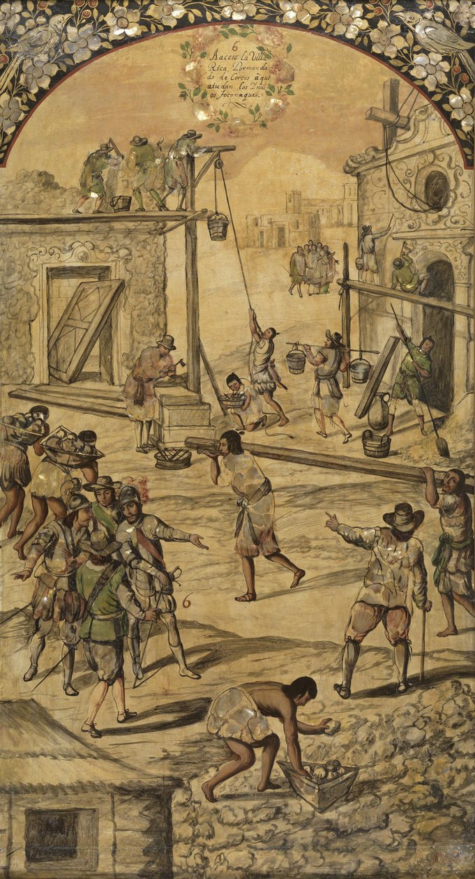 Podbój Meksyku Hernana Cortesa par Gonzaleza, Miguela i Juana (czynny koniec XVII w.). Olej na drewnie autorstwa Miguel and Juan Gonzalez