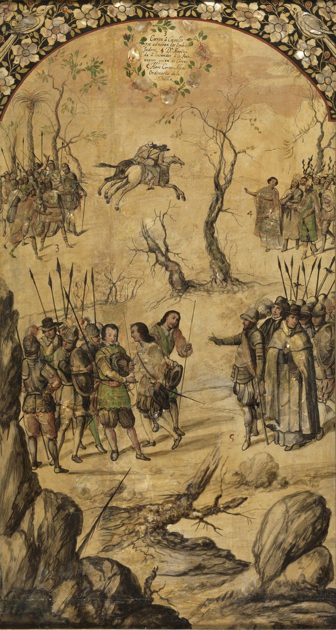 Podbój Meksyku Hernana Cortesa par Gonzaleza, Miguela i Juana (czynny koniec XVII w.). Olej na drewnie, rozmiar : 97x53 autorstwa Miguel and Juan Gonzalez