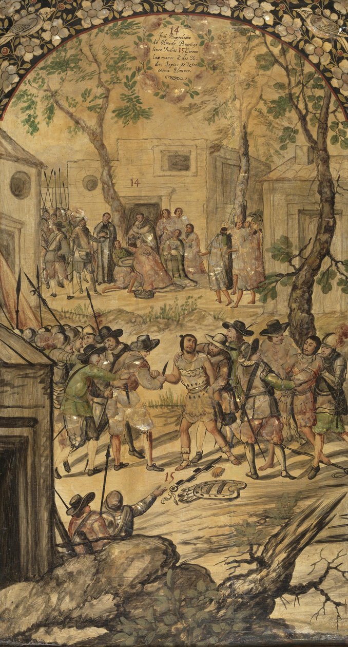 Podbój Meksyku autorstwa Hernana Cortesa par Gonzaleza, Miguela i Juana (aktywny koniec XVII w.). Olej na drewnie, rozmiar : 97x53 autorstwa Miguel and Juan Gonzalez
