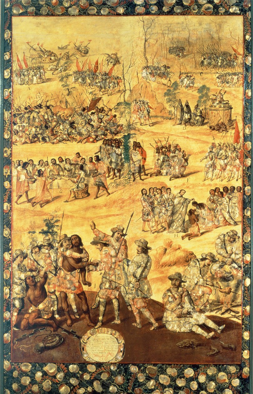 Spotkanie Hernando Cortesa (1485-1547) i Montezumy (1466-1520), panel z podboju Meksyku autorstwa Miguel and Juan Gonzalez