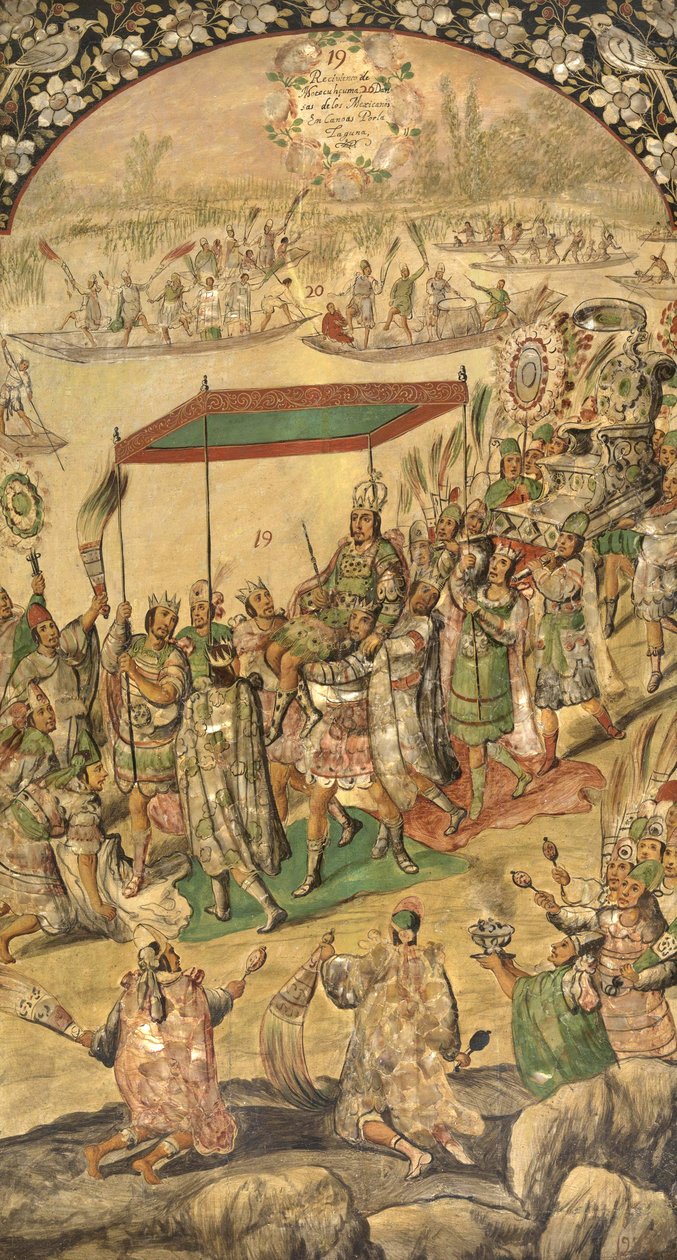 Powitanie Montezumy (Moctezuma, Moteuczoma, Motecuhzoma)(1466-1520) - Podbój Meksyku Hernana Cortesa par Gonzaleza, Miguela i Juana (czynny koniec XVII w.). Olej na drewnie, rozmiar : 97x53 autorstwa Miguel and Juan Gonzalez