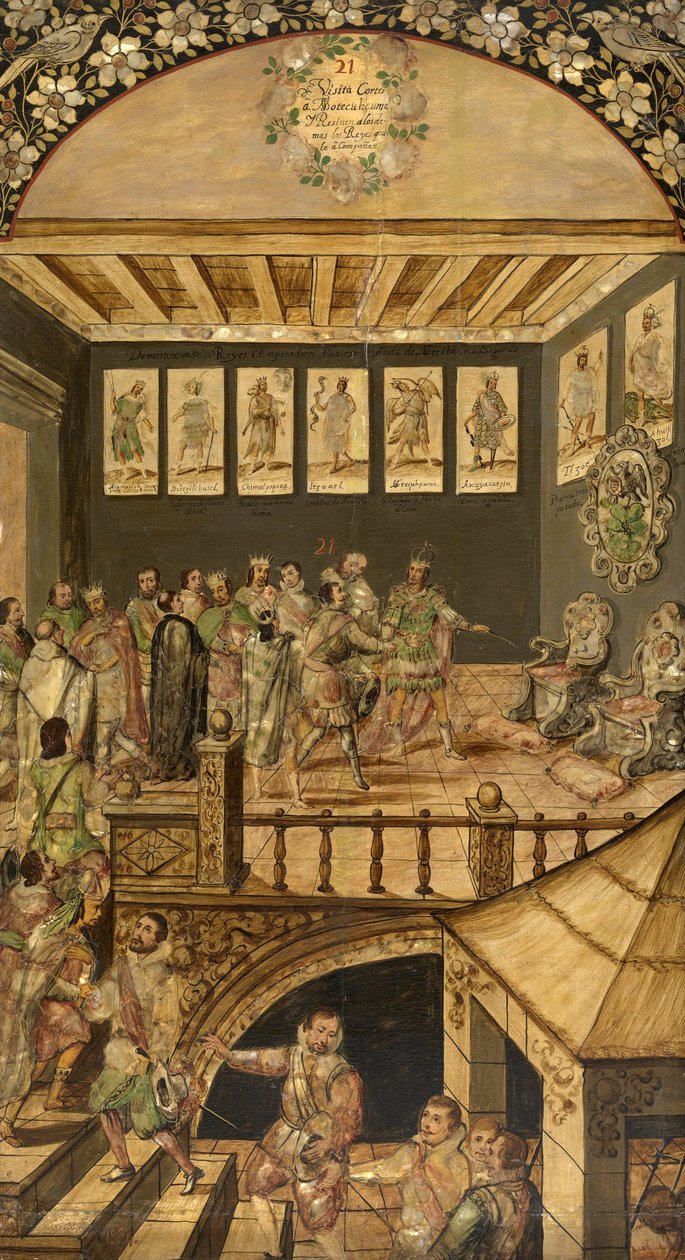 wizyta Hernando Cortesa (1485-1547) w Montezumie (Moctezuma, Moteuczoma, Motecuhzoma) (1466-1520) w 1520 r. - Podbój Meksyku przez Hernana Cortesa par Gonzaleza, Miguela i Juana (czynny koniec XVII w.). Olej na drewnie, rozmiar : 97x53 autorstwa Miguel and Juan Gonzalez