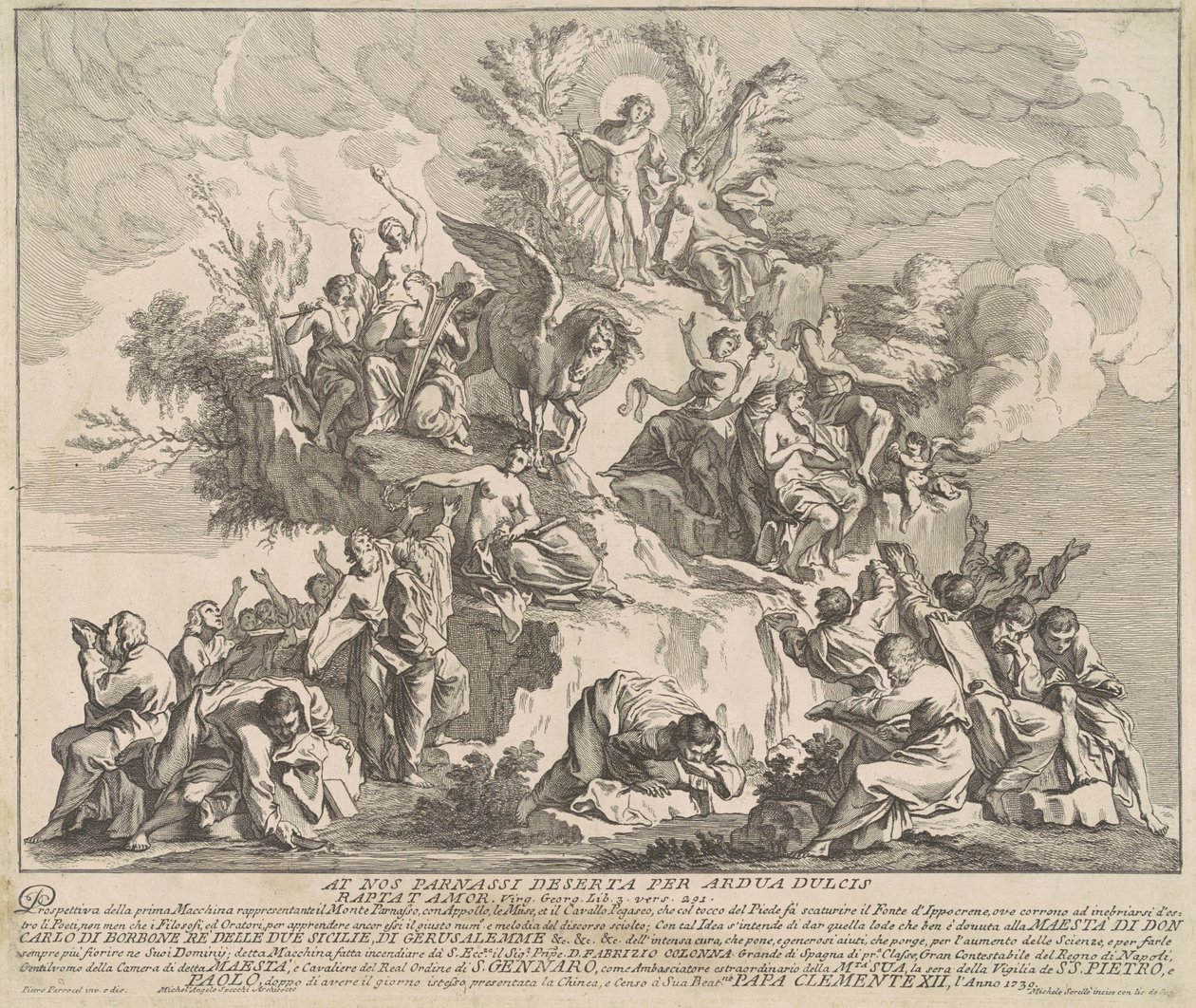 Prima Macchina dla Chin z 1739 r.: Góra Parnas z Apollem, Muzami i Pegazem autorstwa Miguel de Sorellò, after Pierre Parrocel, after Michelangelo Specchi