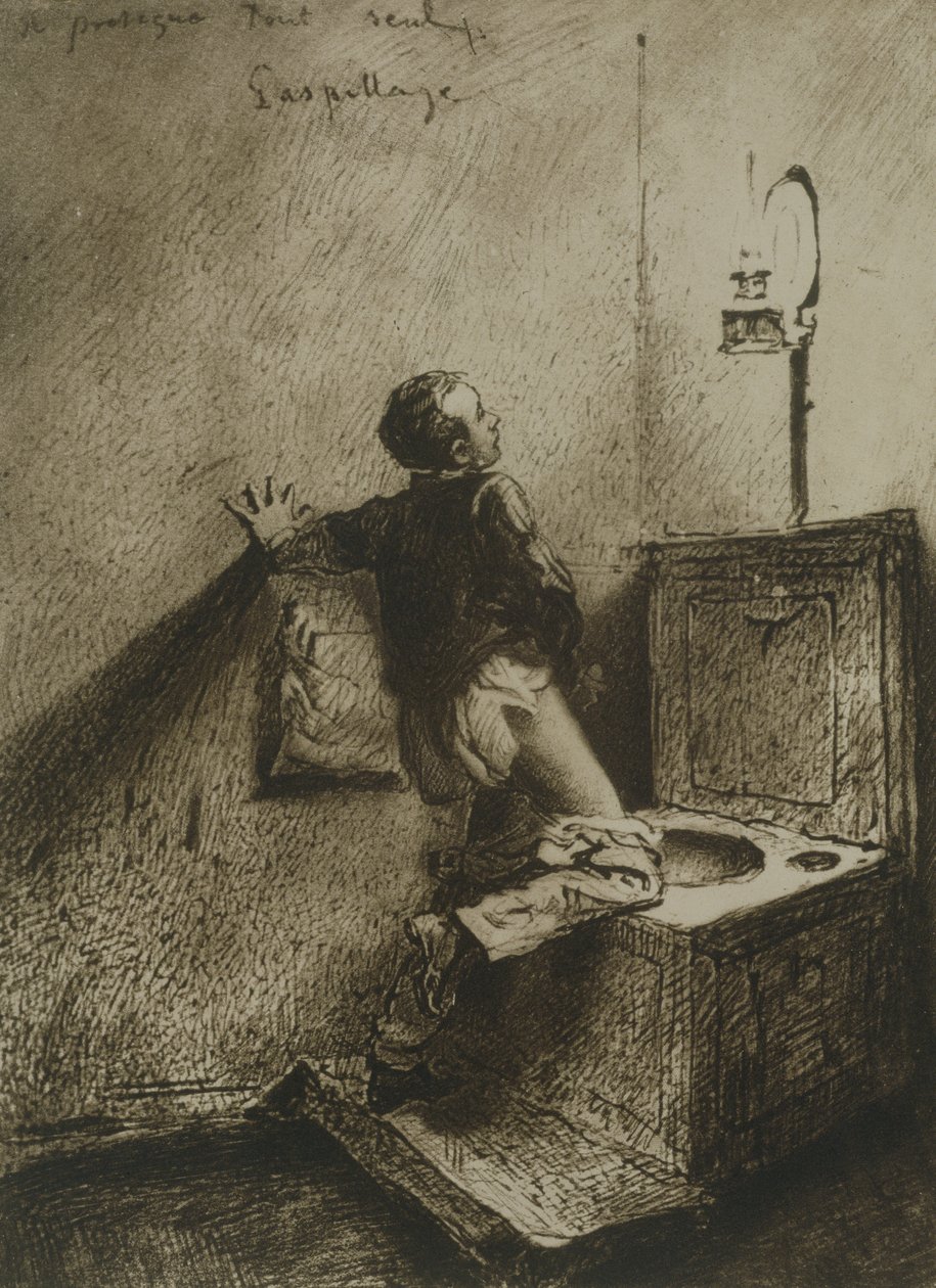 Chłopiec masturbujący się w toalecie, płyta 19 z wydawnictwa Liebe (Miłość). 1901 w Lipsku (heliograwiura) autorstwa Mihaly von Zichy