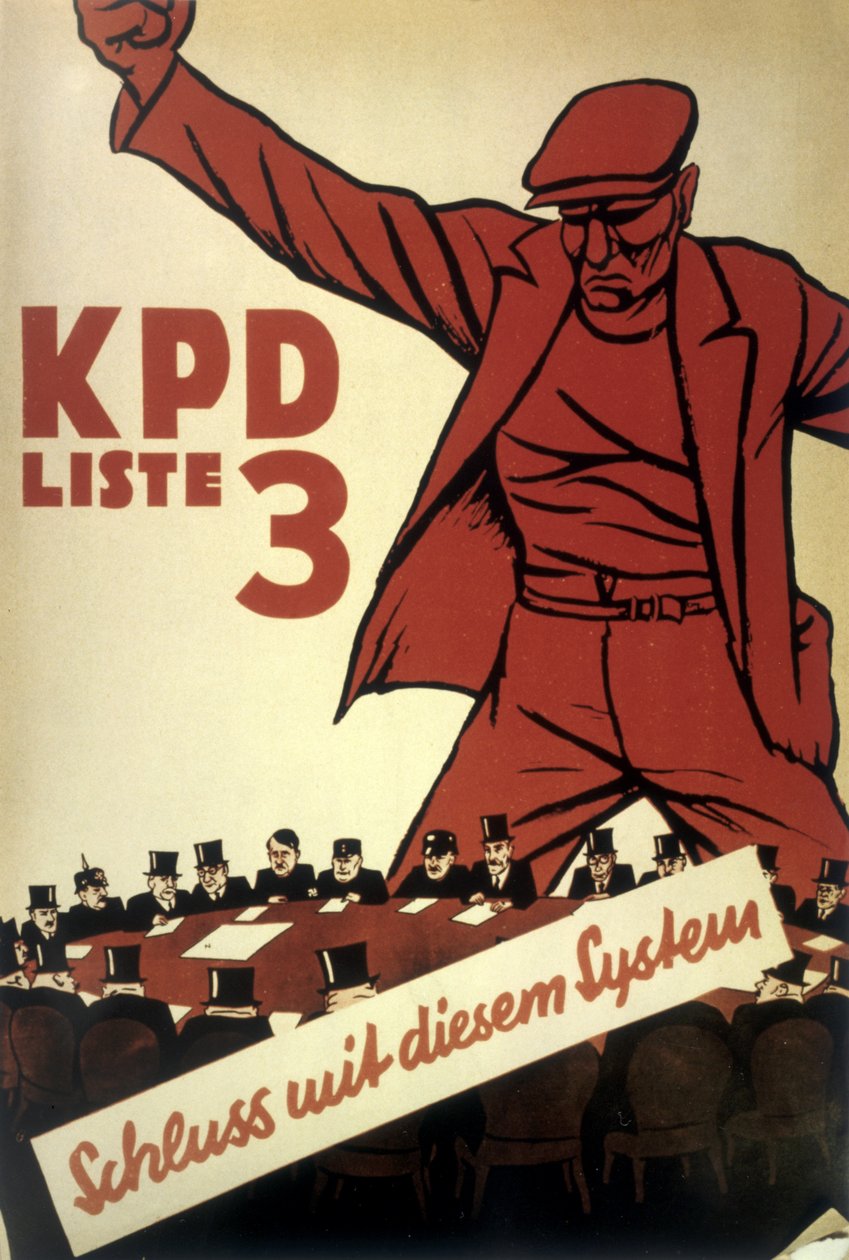 Plakat Niemieckiej Partii Komunistycznej (KPD) "Precz z systemem" wyprodukowany w czasie intensywnej rywalizacji politycznej w 1932 r. autorstwa Mihaly Biro