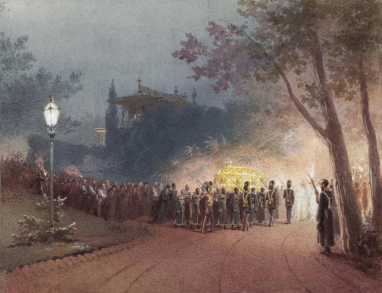 Przenoszenie trumny z ciałem Aleksandra III z Małego Pałacu w Liwadii, 1895 autorstwa Mihaly von Zichy
