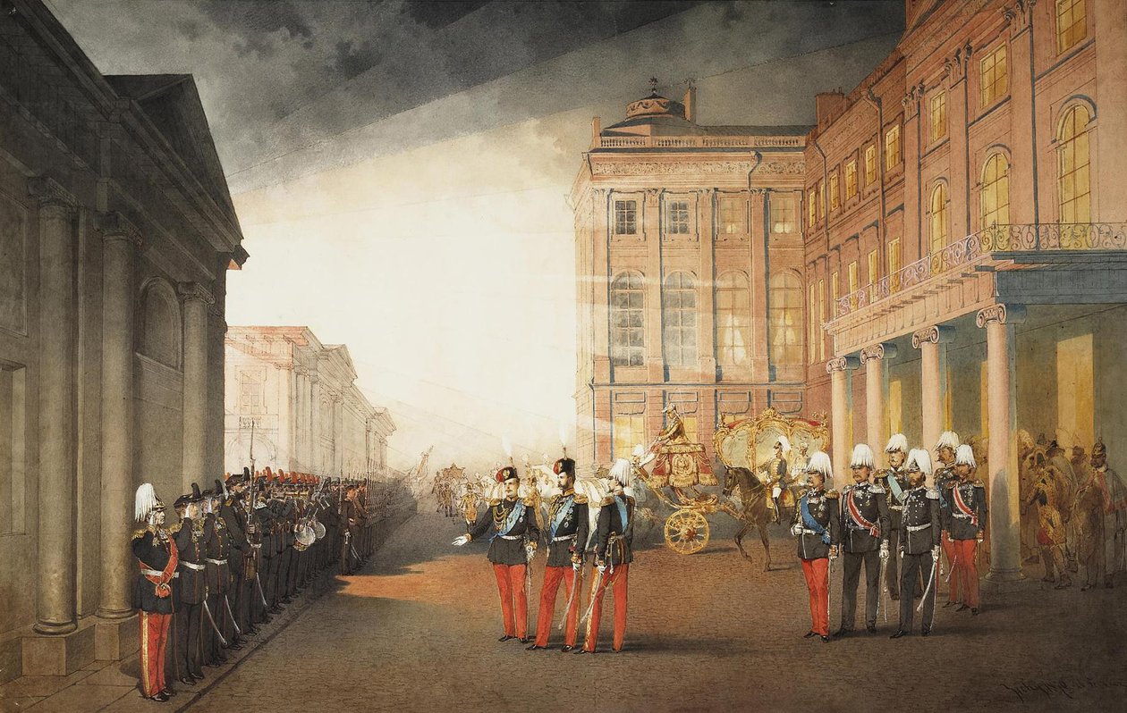 Parada przed Pałacem Aniczkowa w Petersburgu, 1870 autorstwa Mihaly von Zichy