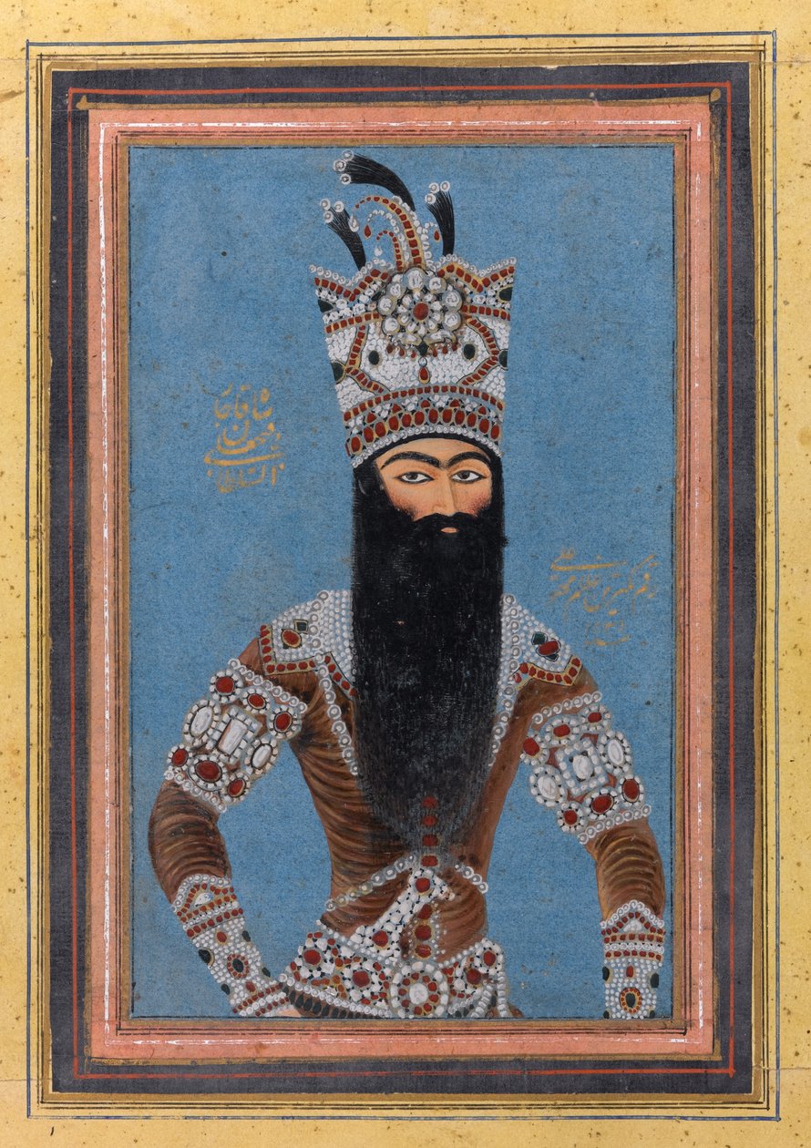 Portret FathAli Shah Qajar, 1815 (toaleta, złoto i tusz na papierze) autorstwa MihrAli MihrAli