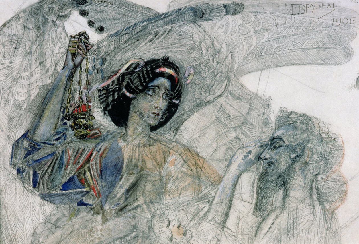 Sześcioskrzydły Serafin z „Proroka” Aleksandra Puszkina (1799-1837), 1905 (węgiel i gwasz na papierze) autorstwa Mikhail Aleksandrovich Vrubel