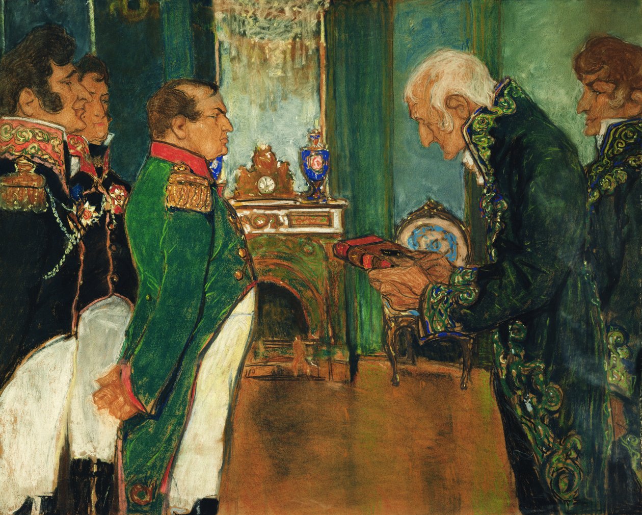 Jean-Baptiste de Lamarck wręcza książkę Filozofia zoologiczna cesarzowi Napoleonowi Bonaparte, 1920 pastel na papierze autorstwa Mikhail Dmitrievich Ezuchevsky