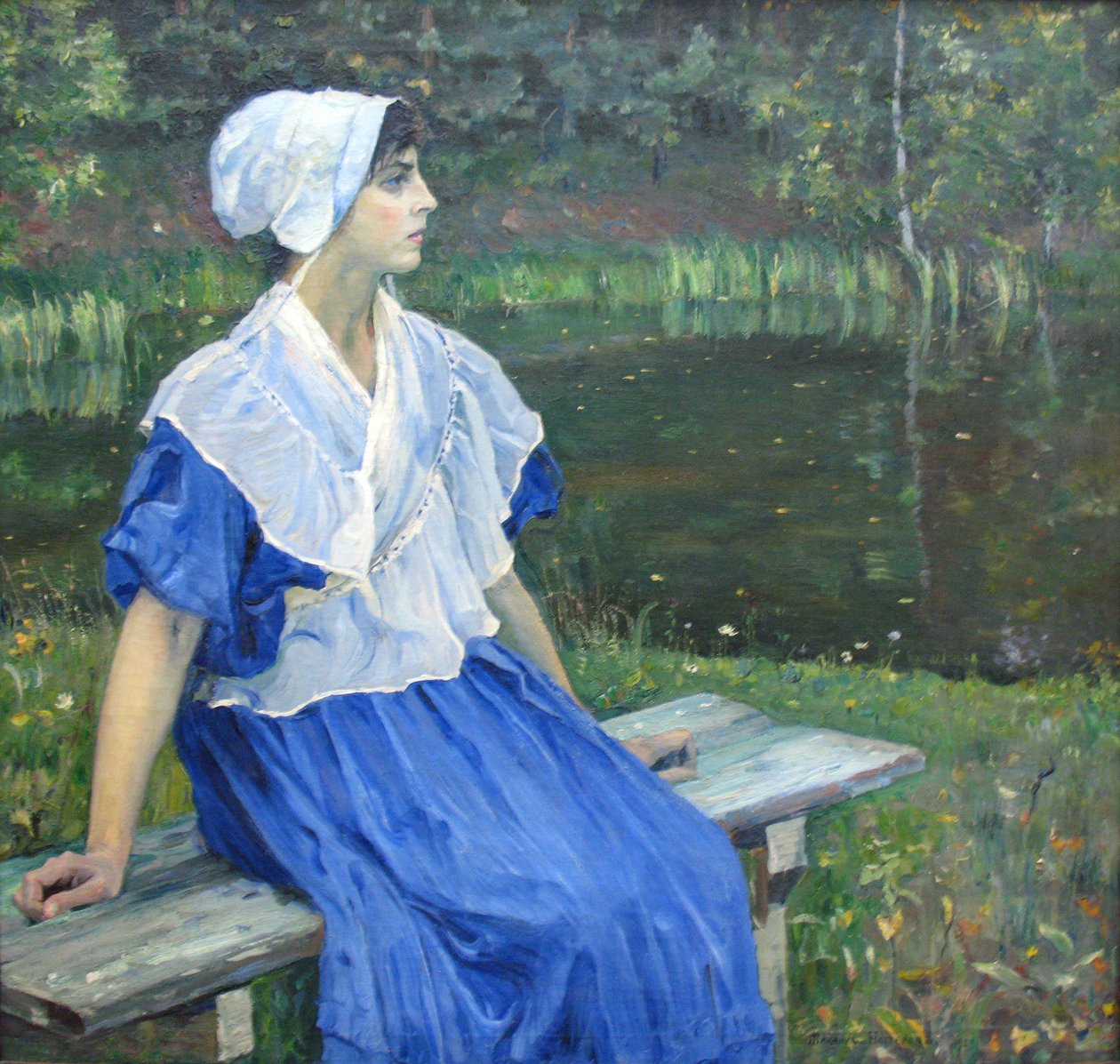 Dziewczyna nad stawem Portret N.M. Nesterovej, 1923nDeutsch: Madchen am Teich Portret N.M. Nesterovej, 1923n: .., 1923n autorstwa Mikhail Vasilievich Nesterov