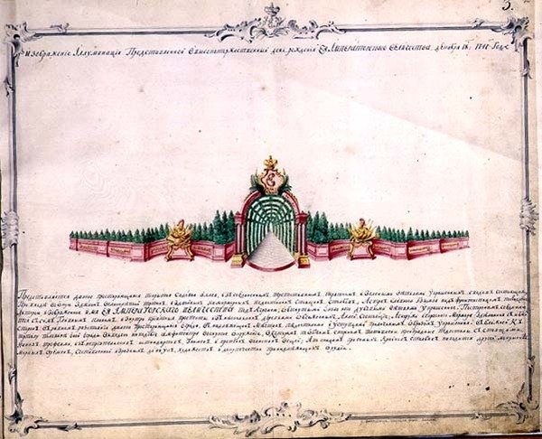 Szczegół głównego zestawu fajerwerków w Petersburgu z okazji urodzin cesarzowej Elżbiety 18 grudnia 1741 r. autorstwa Mikhail Vassilievich Danilov