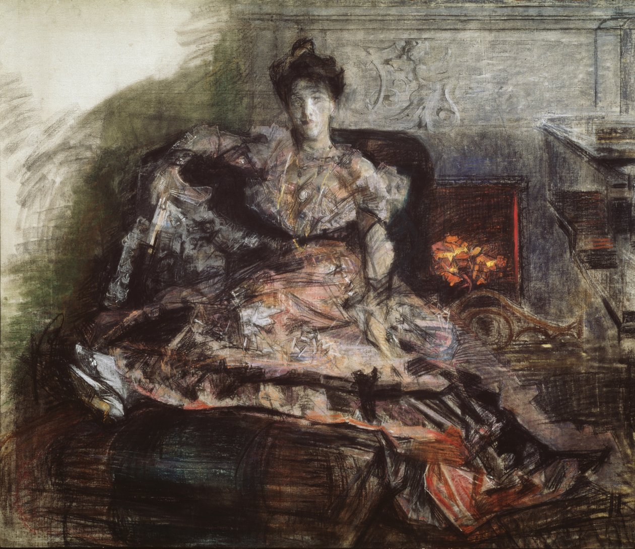 Po koncercie. Portret N. Zabeli-Vrubel przy kominku w sukni zaprojektowanej przez Vrubela, 1905 autorstwa Mikhail Aleksandrovich Vrubel