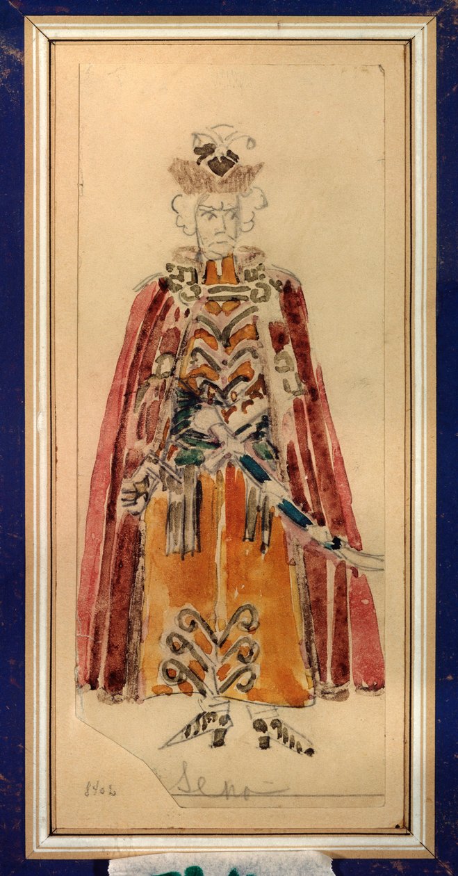 Kostium przygotowawczy do opery „Mazepa” Piotra Czajkowskiego (1840-1893) (Projekt kostiumu do opery Mazepa P. Czajkowskiego) - Dzieło Michaiła Aleksandrowicza Wrubla (Vrubel) (1856-1910), ołówek i gwasz na papierze , Rosyjska sztuka scenograficzna - St autorstwa Mikhail Aleksandrovich Vrubel