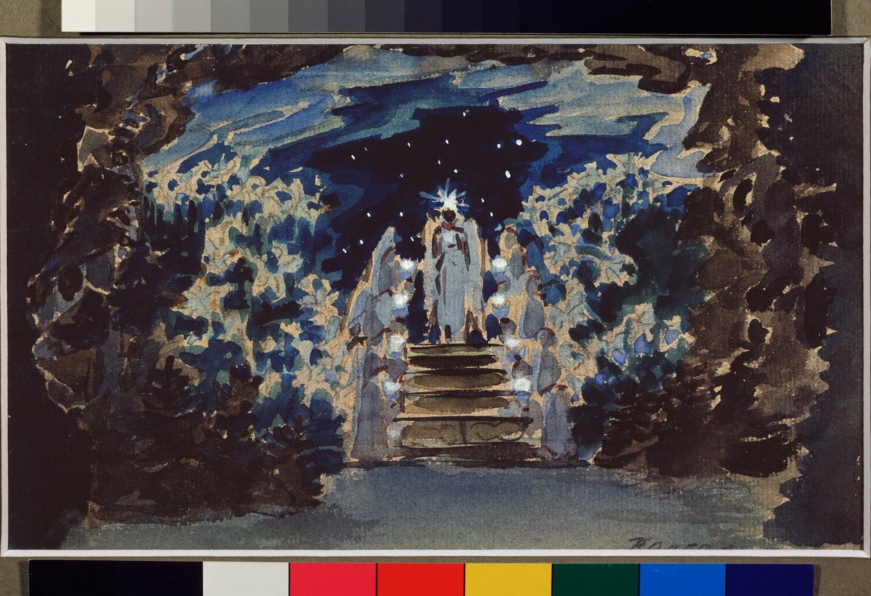 Dekoracja przygotowawcza do opery „Jaś i Małgosia” Engelberta Humperdincka (1854-1921) (Scenografia do opery Jaś i Małgosia) - Oeuvre de Mikhail Alexandrovich Vrubel (Vroubel) (1856-1910), kredka, akwarel i gwasz na papierze autorstwa Mikhail Aleksandrovich Vrubel
