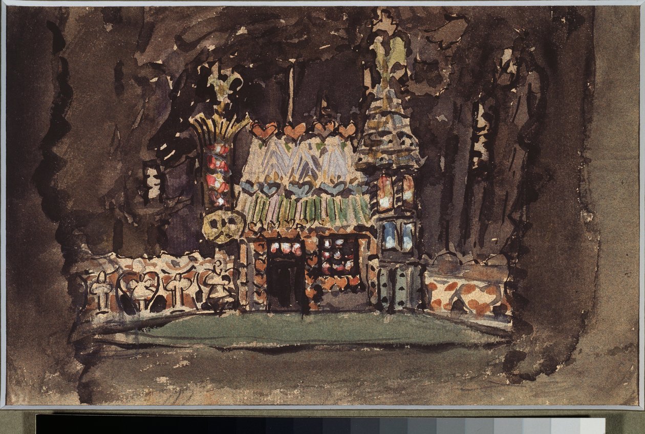 Dekoracja przygotowawcza do opery „Jaś i Małgosia” Engelberta Humperdincka (1854-1921) (Scenografia do opery Jaś i Małgosia) - Oeuvre de Mikhail Alexandrovich Vrubel (Vroubel) (1856-1910), kredka, akwarel i gwasz na papierze autorstwa Mikhail Aleksandrovich Vrubel