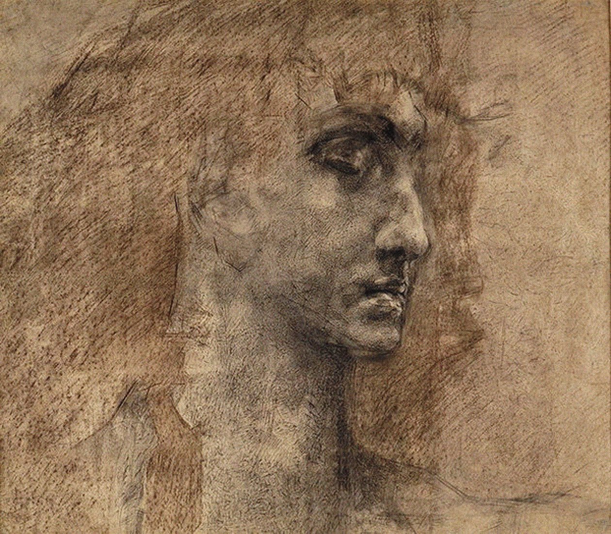 Głowa anioła, 1887 (węgiel i czerwona kredka na papierze) autorstwa Mikhail Aleksandrovich Vrubel