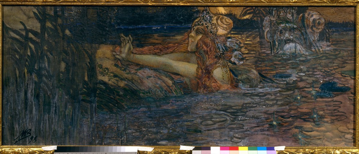 Oddzielenie Króla Morza i Księżniczki Wołchowej. Scena z opery „Sadko” Mikołaja (Nikołaja) Rimskiego Korsakowa (Rimskiego-Korsakowa) (1844-1908). Praca Michaiła Aleksandrowicza Vrubela (Vrubel) (1856-1910), gwasz i pastel na papierze autorstwa Mikhail Aleksandrovich Vrubel