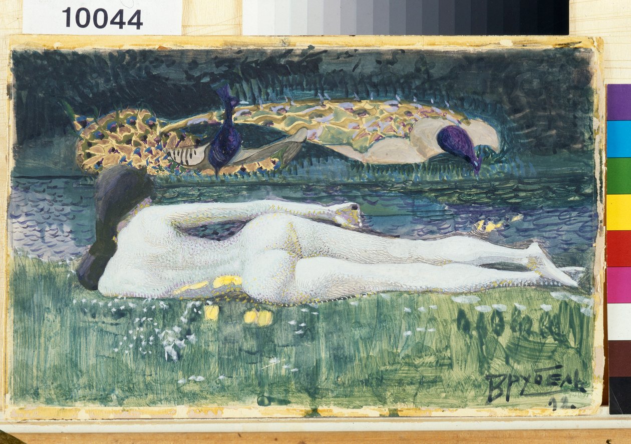 Naga kobieca sylwetka, leżąca, od tyłu, na brzegu wody - Grafika Michaiła Aleksandrowicza Vrubela (Vrubel) (1856-1910) autorstwa Mikhail Aleksandrovich Vrubel