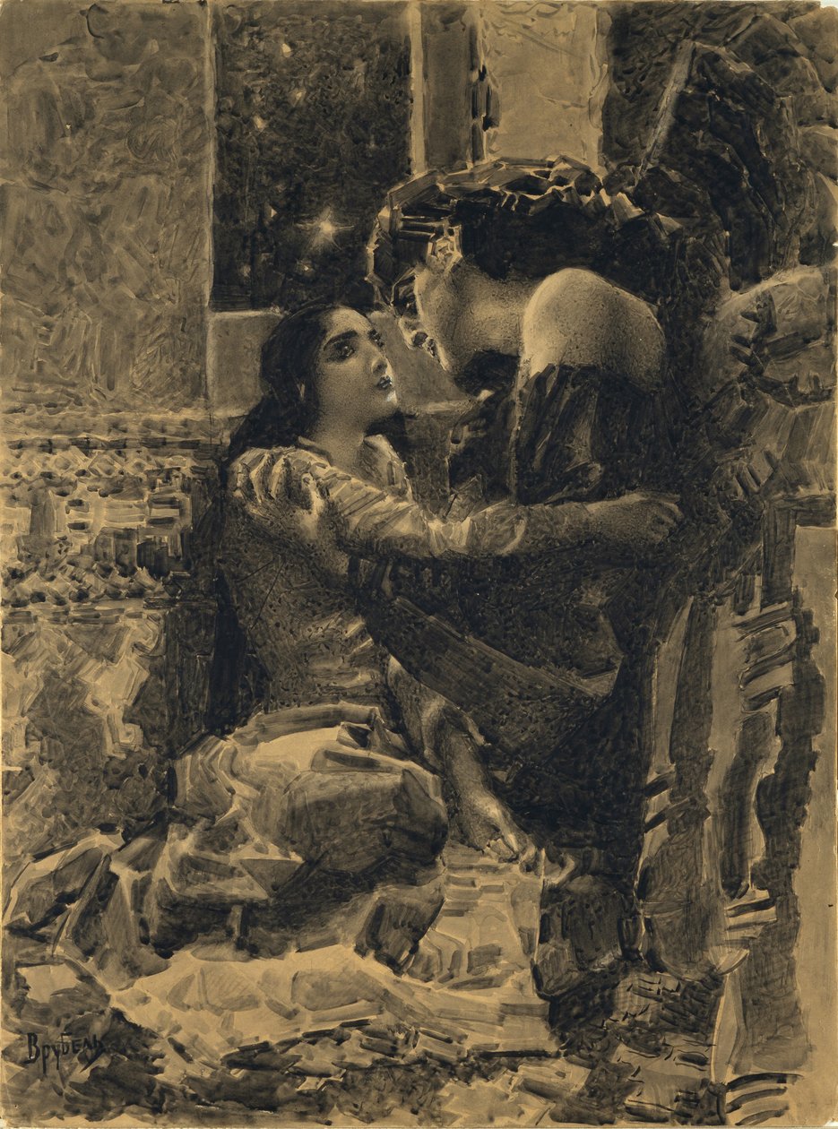 Tamara i Demon. Ilustracja do wiersza „Demon” Michaiła Lermontowa, 1890-1891 autorstwa Mikhail Aleksandrovich Vrubel