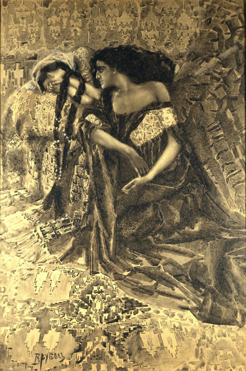 Tamara i Demon. Ilustracja do wiersza „Demon” Michaiła Lermontowa, 1890-1891 autorstwa Mikhail Aleksandrovich Vrubel