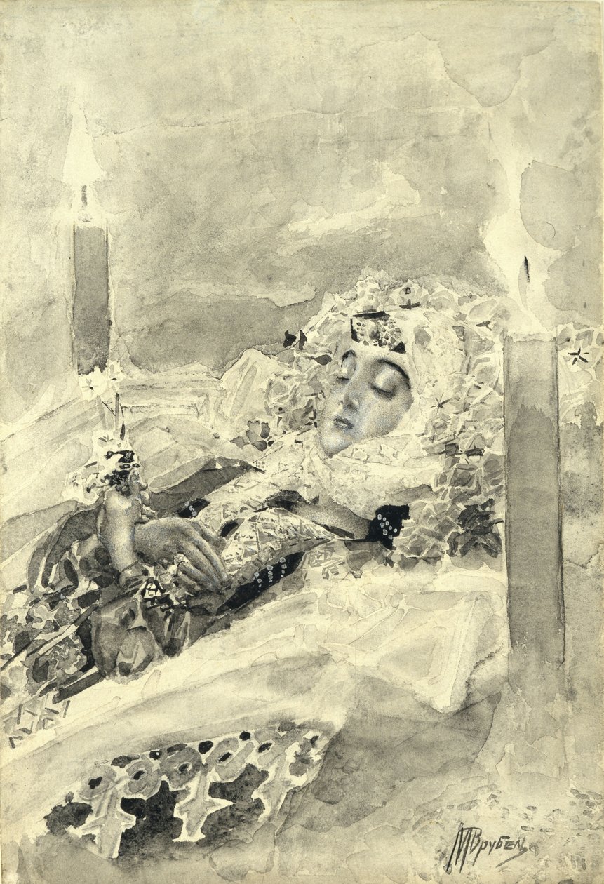 Tamara w trumnie. Ilustracja do wiersza „Demon” Michaiła Lermontowa, 1890-1891 autorstwa Mikhail Aleksandrovich Vrubel