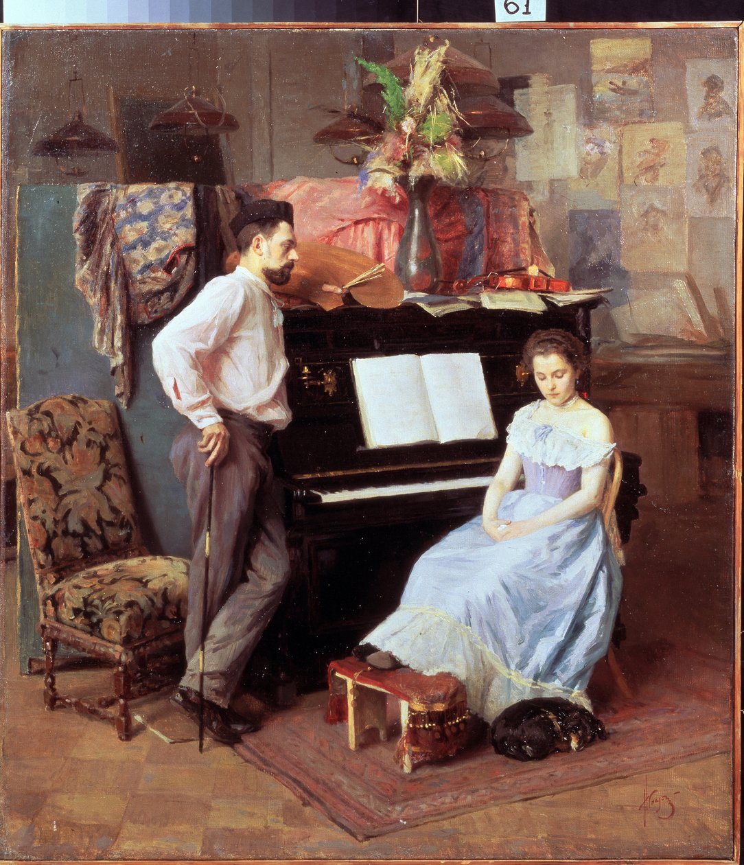 "Artysta i jego żona"" Młoda kobieta ze spuszczonymi oczami siedzi przy fortepianie pod okiem męża. Obraz Michaiła Ignatiewa (1870-1934) ok. 1900 r. Regionalna Galeria Sztuki, Wołogda autorstwa Mikhail Ignatiev