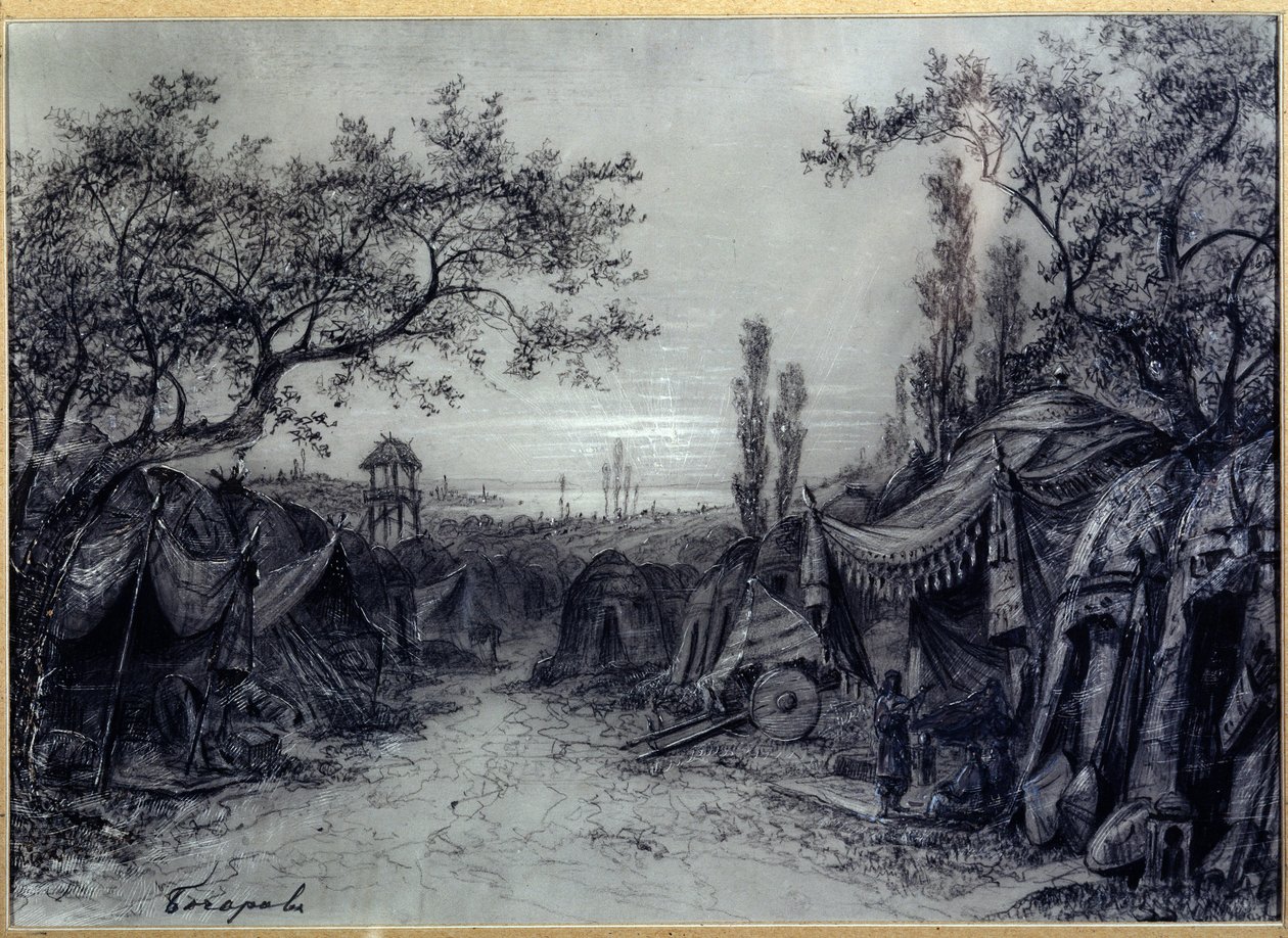 Dekoracja przygotowawcza do opery „Książę Igor” Aleksandra Borodina (1833-1887) (Scenografia do opery „Książę Igor” A.Borodina). Wojskowy obóz namiotów, otoczony drzewami, z trzema postaciami, w tym z muzykiem. Grafika autorstwa Michaiła Ily autorstwa Mikhail Ilyich Bocharov