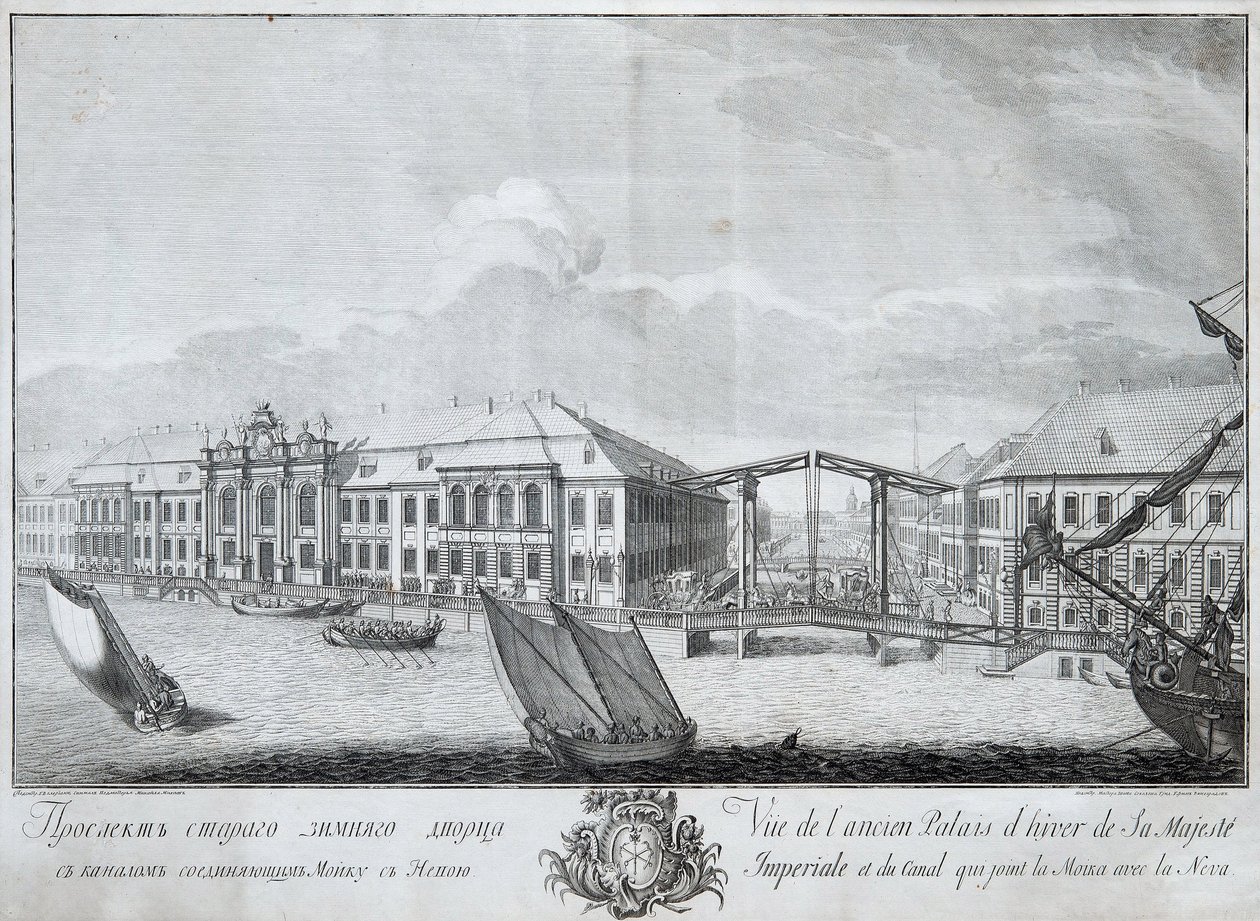 Widok drugiego Pałacu Zimowego z kanałem łączącym Mojkę z Newą, 1753 autorstwa Mikhail Ivanovich Makhaev