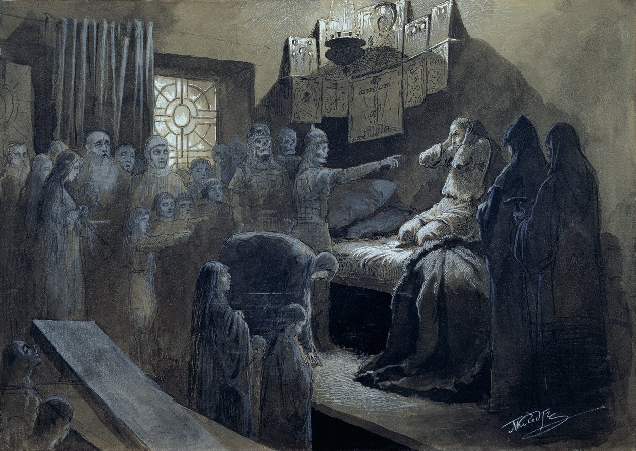 Iwan IV (1530-84) Groźny nawiedzany przez duchy zamordowanych (pióro i tusz z akwarelą na papierze) autorstwa Mikhail Konstantinovich Klodt