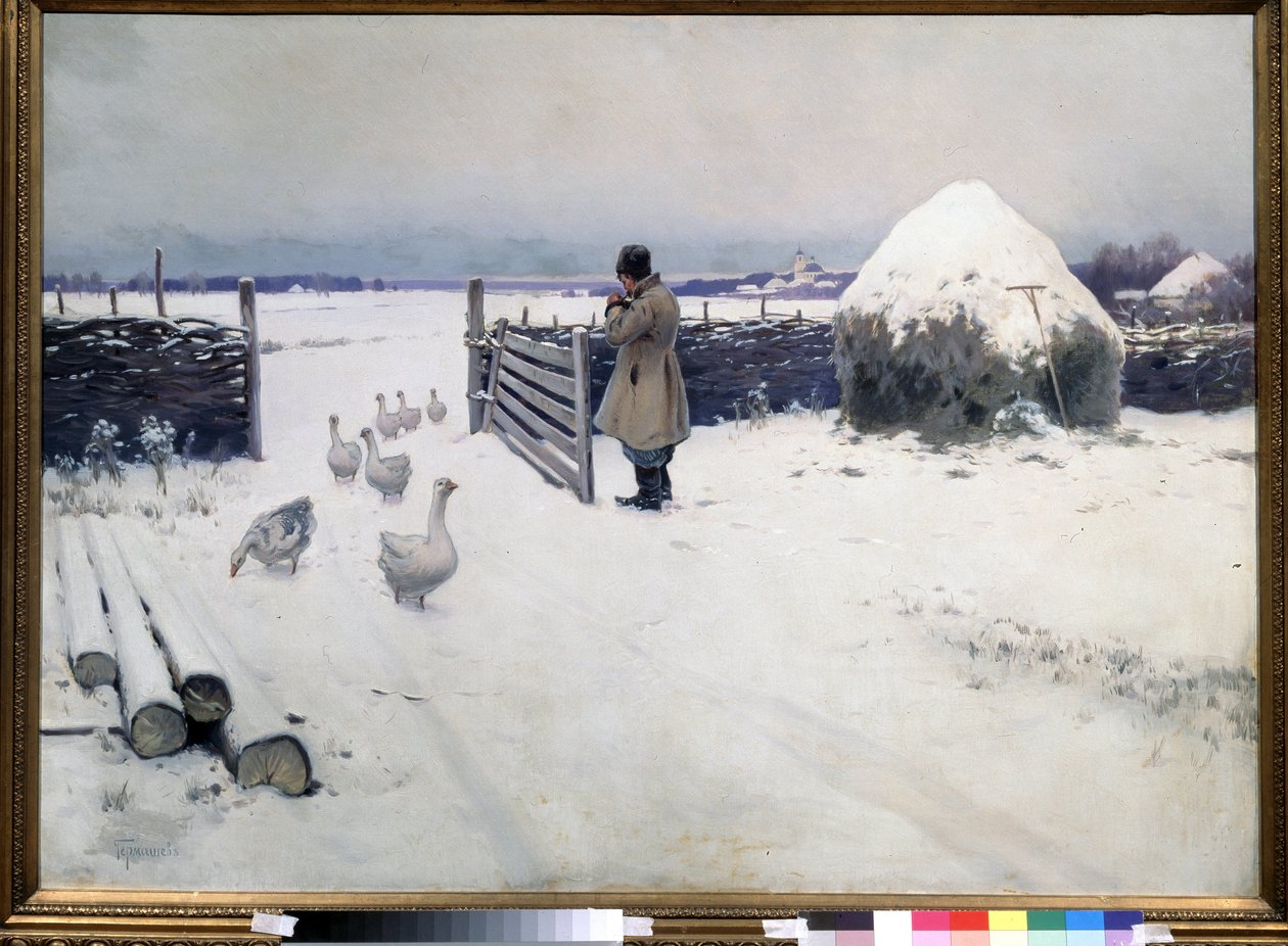 Spadł pierwszy śnieg. Obraz Michaiła Markianowicza Germaszewa (1867-1930), olej na płótnie, ok. 1890 r., XIX-wieczna sztuka rosyjska. Państwowa Galeria Tretiakowska, Moskwa. autorstwa Mikhail Markianovich Germashev