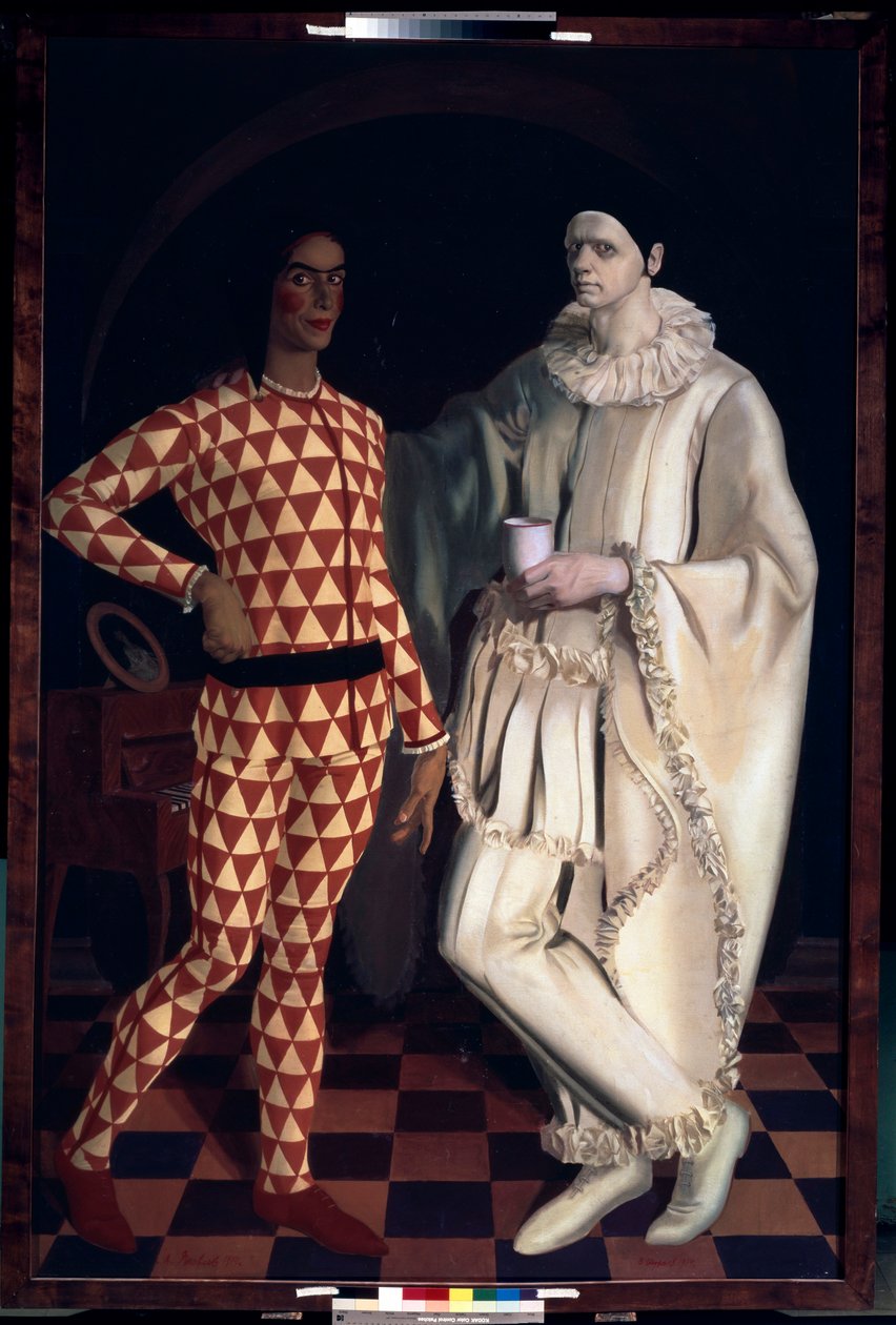 Arlekin i Pierrot (Autoportrety, w kostiumach z Comedia dell Arte) - Arlekin i Pierrot (Autoportrety) - Obraz Aleksandra Jewgienija Jakowlewa (Alexandre Iacovleff) (1887-1938), olej na płótnie autorstwa Mikhail Nikolayevich Yakovlev
