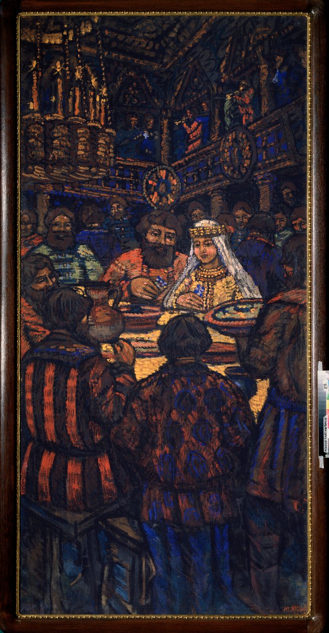 Wesele Wielkiego Księcia Włodzimierza I Światosławicza (zwanego Wielkim lub Czerwonym Słońcem, 958-1015) (Wesele Wielkiego Księcia Włodzimierza I Światosławicza) Scena bankietowa - Obraz Michaiła Nikołajewicza Jakowlewa (1880-1942), olej na płótno, ok. 192 autorstwa Mikhail Nikolayevich Yakovlev