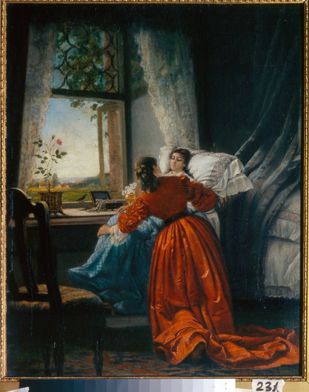 Wizyta u chorych (Zwiedzanie chorych) kobieta chowa małą dziewczynkę na siedzeniu, zainstalowanym przy oknie - Obraz Michaiła Pietrowicza, Barona Klodta (1835-1914), olej na miedzi autorstwa Mikhail Petrovich Klodt