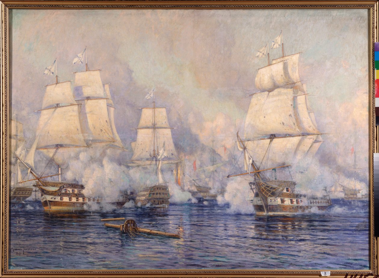 Bitwa morska pod Navarino, 20 października 1827 r. Między flotą osmańską a flotą francusko-angielsko-rosyjską (odcinek wojny rosyjsko-tureckiej z lat 1828-1829 i greckiej wojny o niepodległość lub greckiej rewolucji 1821-1830) - ( Bitwa morska o Na autorstwa Mikhail Stepanovich Tkatchenko