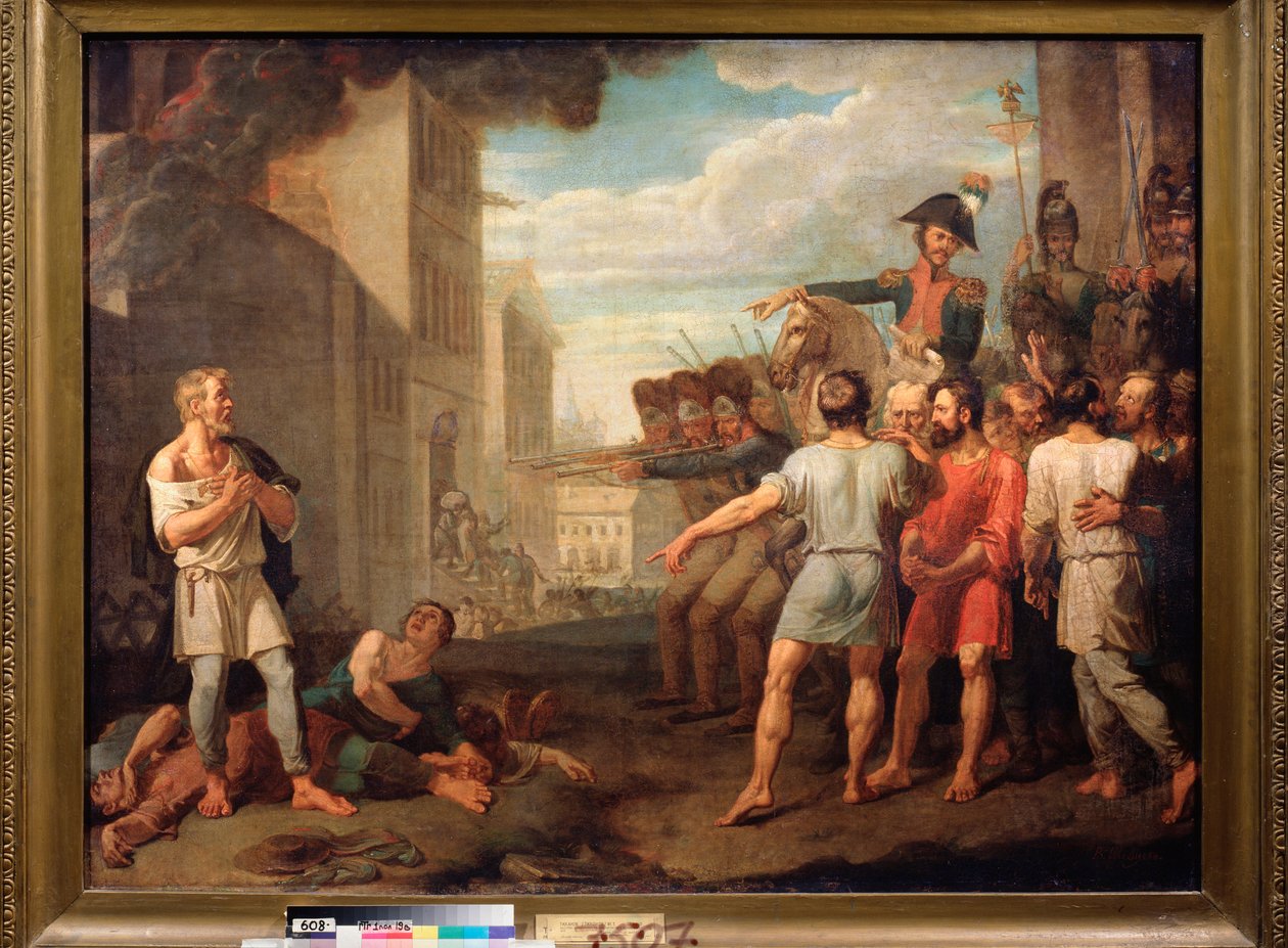 Egzekucja Rosjan przez żołnierzy francuskich w 1812 r. (Odcinek wojen napoleońskich, kampania rosyjska) - Obraz Michaiła Tichonowa (1789-1862), olej na płótnie autorstwa Mikhail Tikhonov
