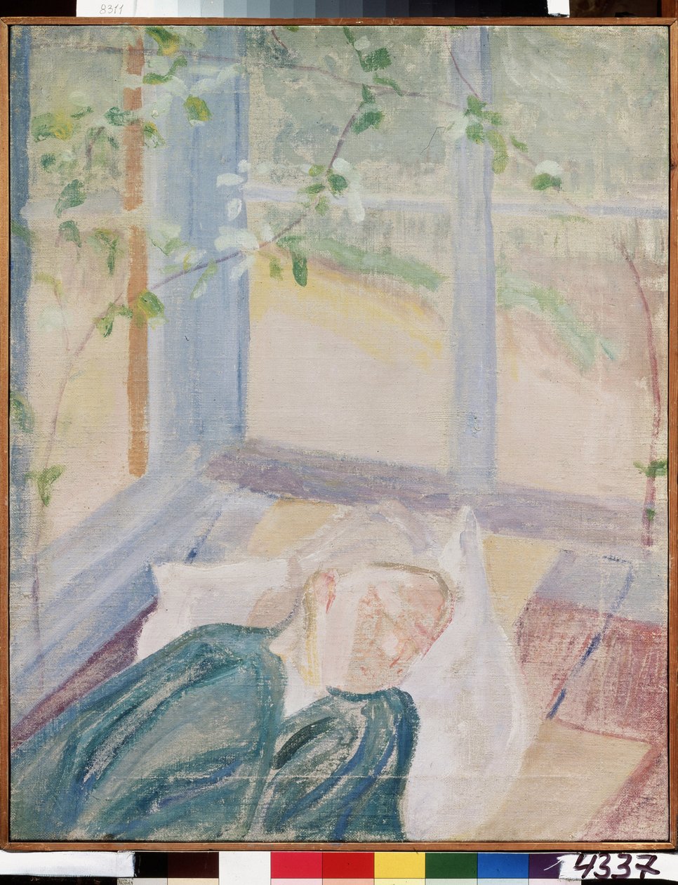 Portret artysty Eleny (Yelena) Guro (1877-1913), żony malarza (Portret artysty Y. Guro, żony artysty). Reprezentował spanie pod oknami tarasu, ubrany w bluzkę i szalik. Obraz Michaiła Wasiljewicza Mati autorstwa Mikhail Vasilievich Matyushin