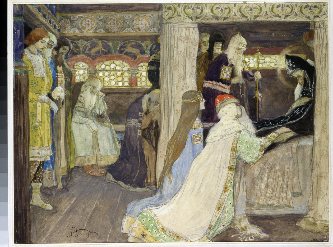 Śmierć wielkiego księcia Aleksandra Newskiego (1220-1263). (Zgon wielkiego księcia Aleksandra Newskiego). Praca Michaiła Wasiljewicza Niestierowa (1862-1942), akwarela i gwasz na papierze autorstwa Mikhail Vasilievich Nesterov