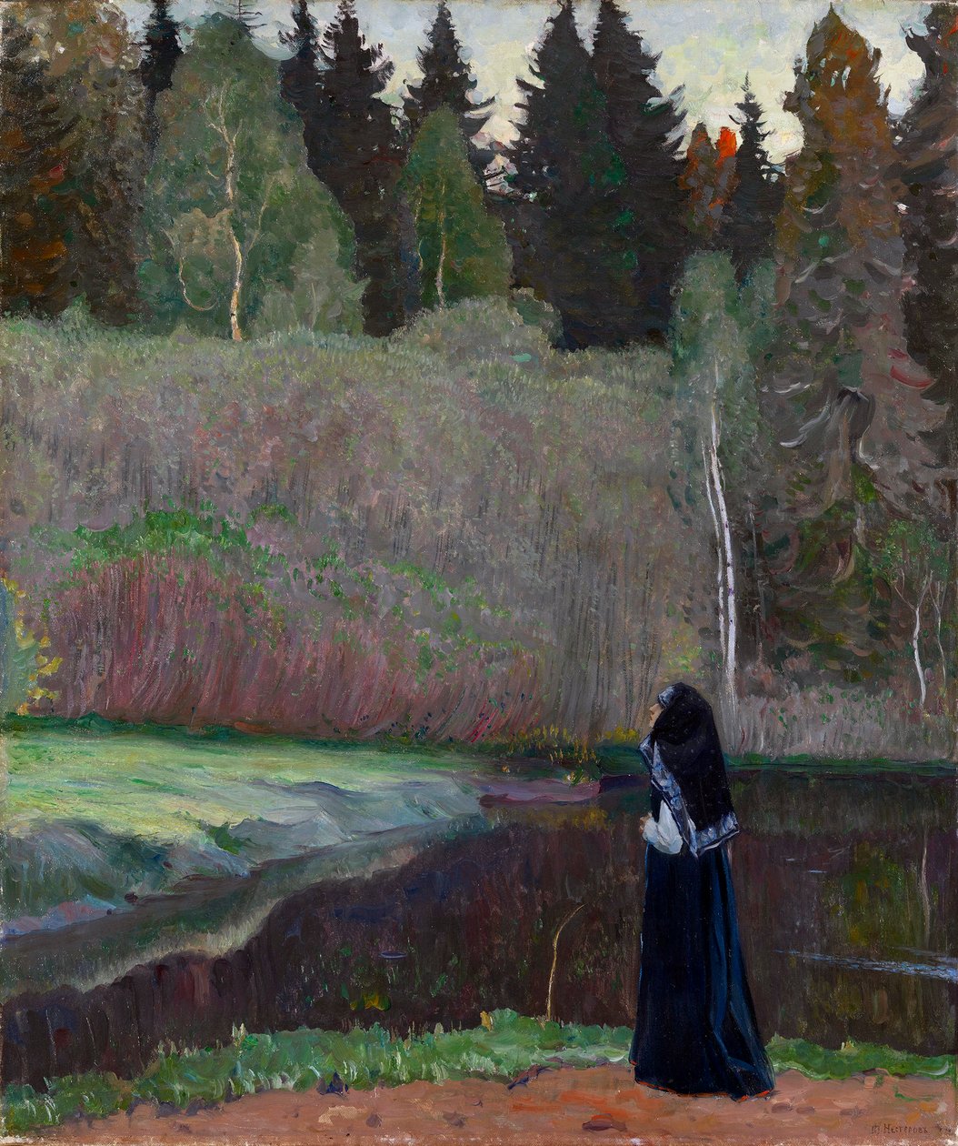 „Le chant du rossignol” (Słowik śpiewa) Zakonnica słuchająca śpiewu ptaków - Obraz Michaiła Wasiljewicza Niestierowa (1862-1942) 1918 Wym. 81x68,5 cm Kolekcja prywatna autorstwa Mikhail Vasilievich Nesterov