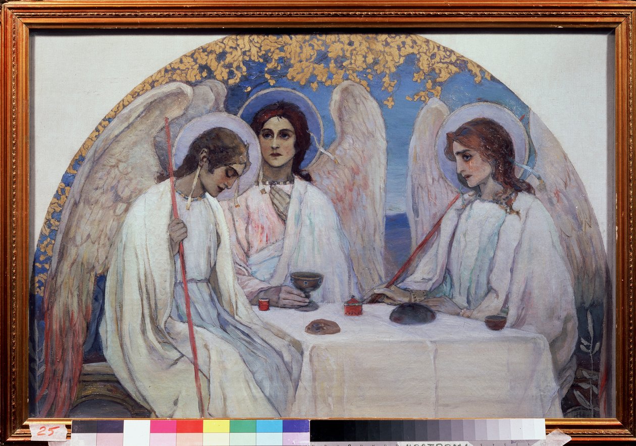 Gościnność Abrahama. Trójca Starego Testamentu. Przedstawienie trzech aniołów, którzy ukazali się Abrahamowi w pobliżu Chene de Mambre. (Gościnność Abrahama (Trójca starotestamentowa). Obraz Michaiła Wasiljewicza Niestierowa (1862-1942), olej na płótnie. autorstwa Mikhail Vasilievich Nesterov