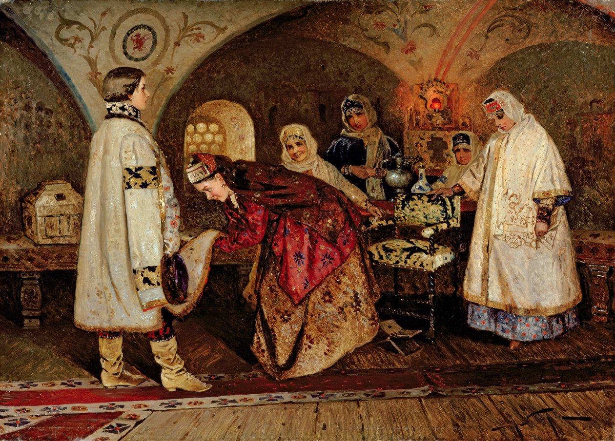 Car Aleksiej Michajłowicz (1629-76) spotyka swoją narzeczoną, Maria Miloslavasky, 1887 autorstwa Mikhail Vasilievich Nesterov