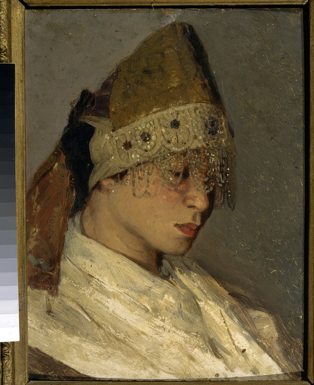 Dziewczyna ubrana w Kokochnik (Dziewczyna z Kokosznikiem). Tradycyjne wysokie nakrycie głowy Rosjan, wiązane z tyłu wstążkami, przód ozdobiony koralikami i haftem. Obraz Michaiła Wasiljewicza Niestierowa (1862-1942), olej na drewnie autorstwa Mikhail Vasilievich Nesterov