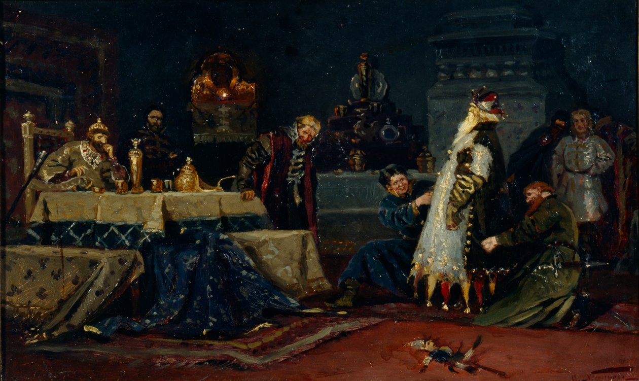 Płaszcz głupców. Bojar Drużyna Andriejewicz Morozow przed Iwanem Groźnym, 1885 autorstwa Mikhail Vasilievich Nesterov