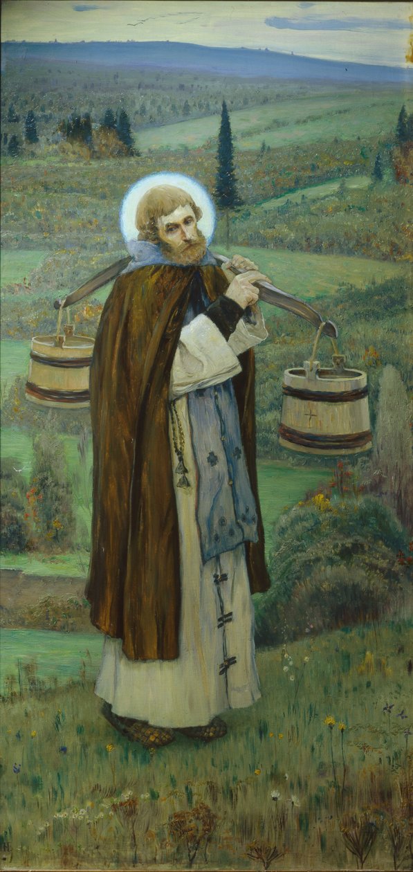Święty Sergiusz pracuje Tryptyk, część lewa, 1896 autorstwa Mikhail Vasilievich Nesterov