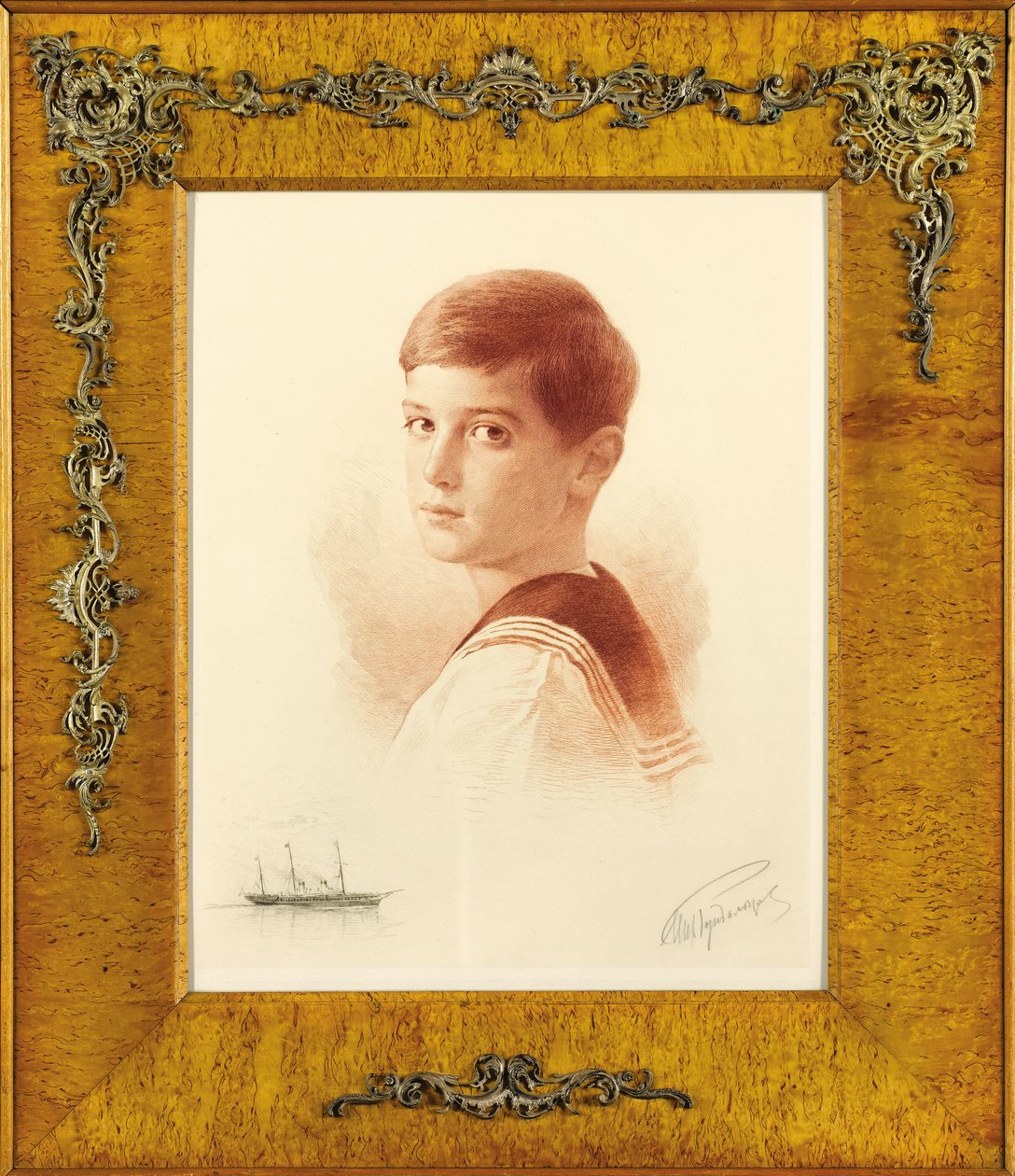 Portret następcy tronu carewicza Aleksieja Nikołajewicza z Rosji z remarque przedstawiającym Jacht Cesarski , 1913 autorstwa Mikhail Viktorovich Rundaltsov