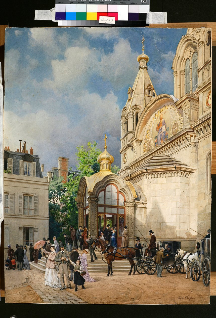 Ludzie opuszczający cerkiew - Grafika Michaiła Jakowlewicza Villie (1838-1910) autorstwa Mikhail Yakovlevich Villie