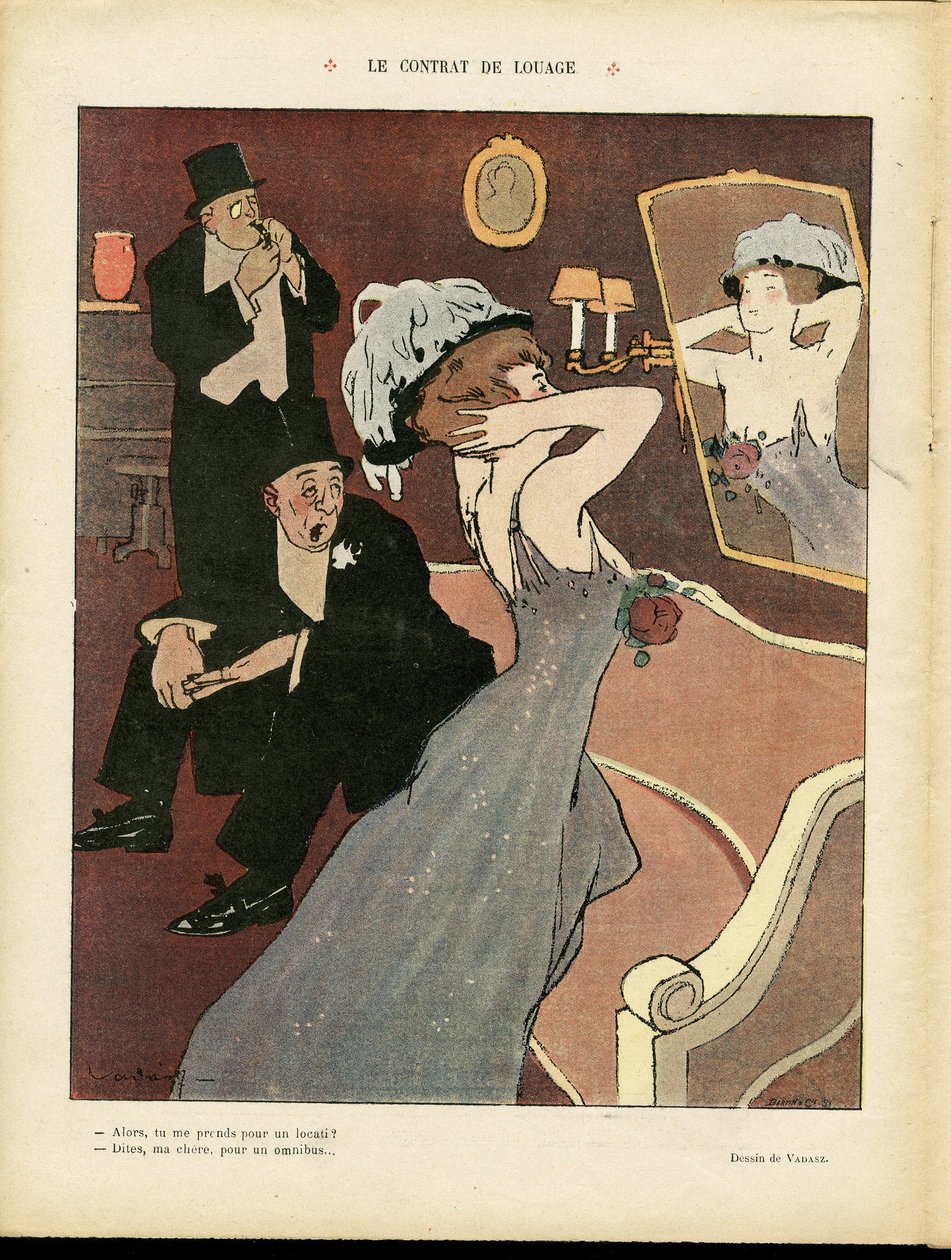 Ilustracja Miklosa Vadasza (1884-1927) w Le Rire, 07.03.08 - Umowa najmu - Prostytucja, Architektura wewnętrzna autorstwa Miklós Vadász
