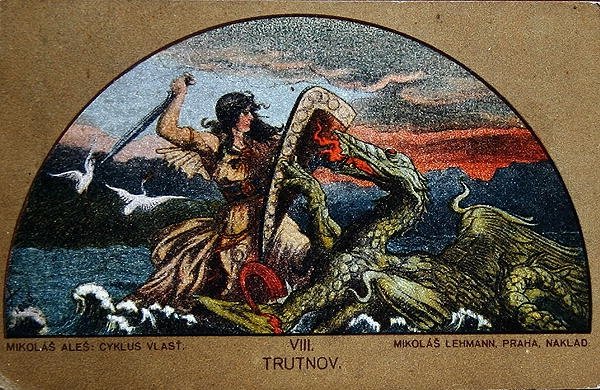 Pocztówka przedstawiająca Trutnę Rycerską walczącą ze Smokiem Skał, ok. 1900 (kolor lito) autorstwa Mikolas (after) Ales