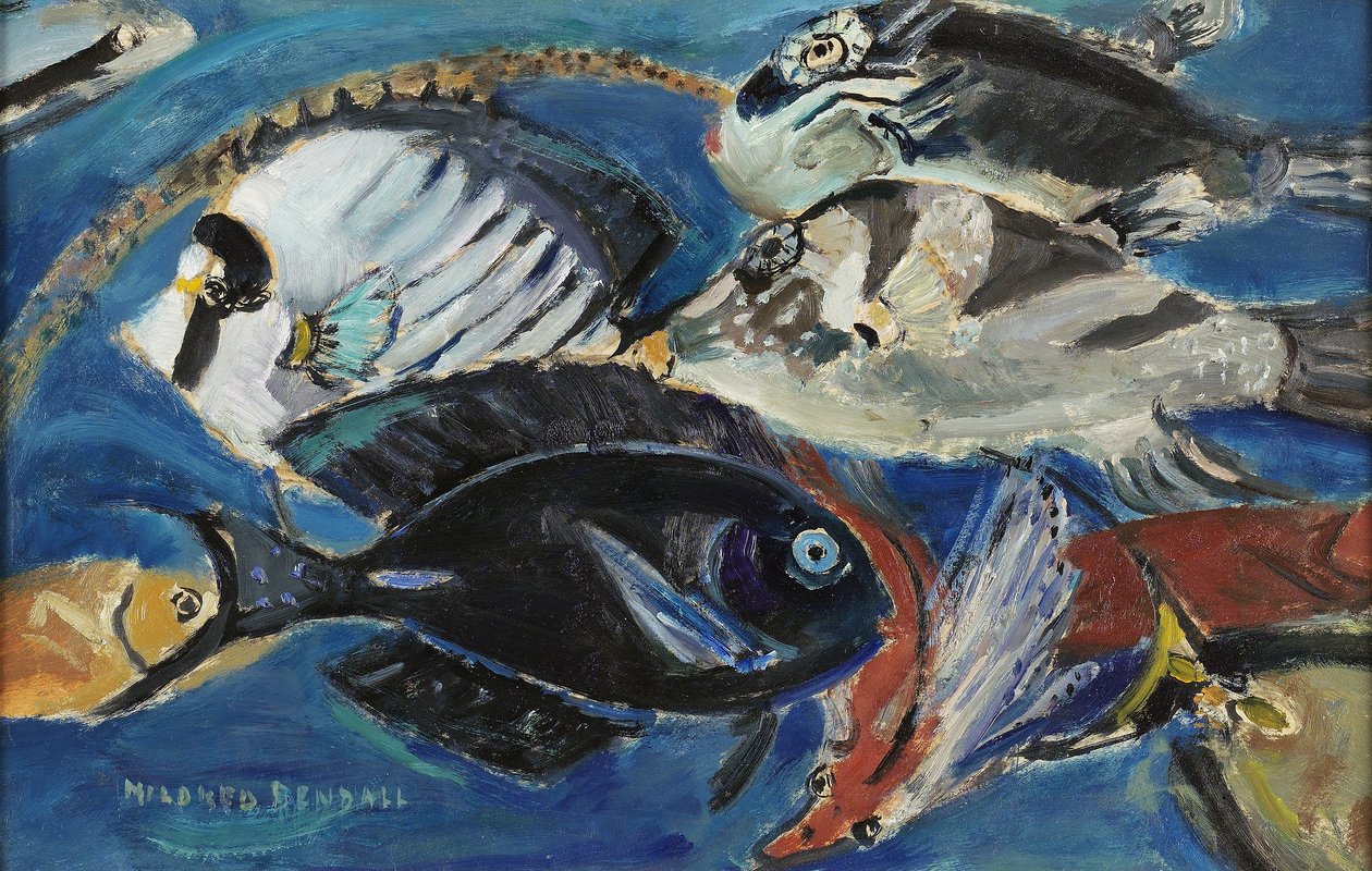 Poissons, ok. 1950 (olej na papierze ułożony na desce) autorstwa Mildred Bendall